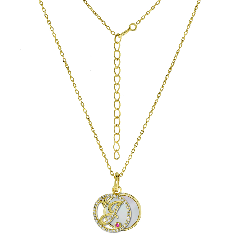 GOLD-PLATED STERLING SILVER CZ MOTHER OF PEARL INITIAL J NECKLACE FOR WOMEN 2 PIECE WITH ENHANCER BALE RED CZ ACCENT 16-18 INCH