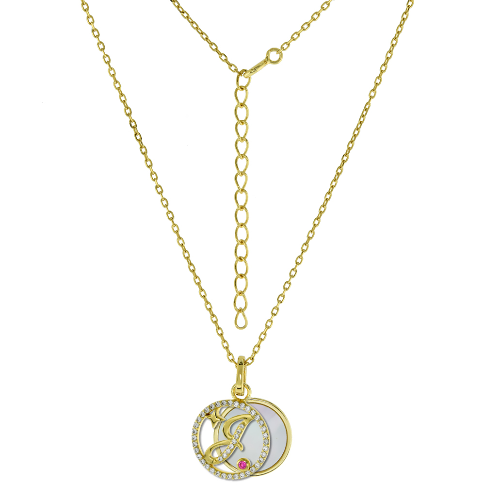 Gold-Plated Sterling Silver CZ Mother of Pearl Initial J Necklace for Women 2 piece with Enhancer Bale Red CZ Accent 16-18 inch