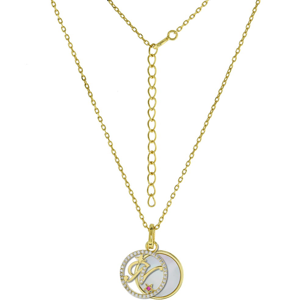 Gold-Plated Sterling Silver CZ Mother of Pearl Initial N Necklace for Women 2 piece with Enhancer Bale Red CZ Accent 16-18 inch