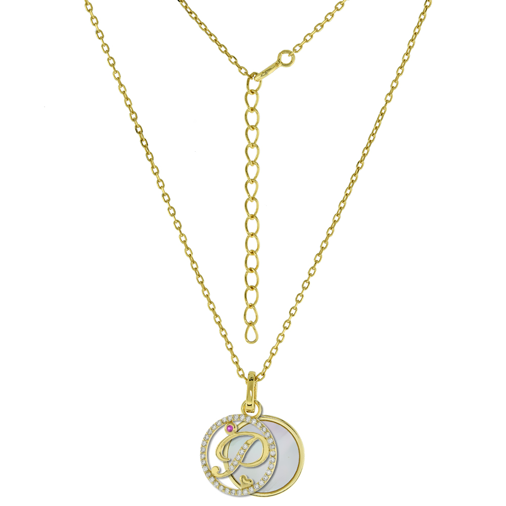 GOLD-PLATED STERLING SILVER CZ MOTHER OF PEARL INITIAL P NECKLACE FOR WOMEN 2 PIECE WITH ENHANCER BALE RED CZ ACCENT 16-18 INCH