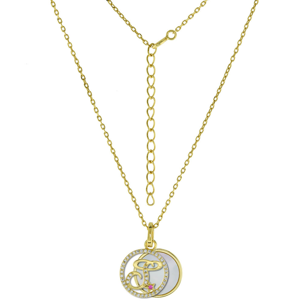 GOLD-PLATED STERLING SILVER CZ MOTHER OF PEARL INITIAL S NECKLACE FOR WOMEN 2 PIECE WITH ENHANCER BALE RED CZ ACCENT 16-18 INCH