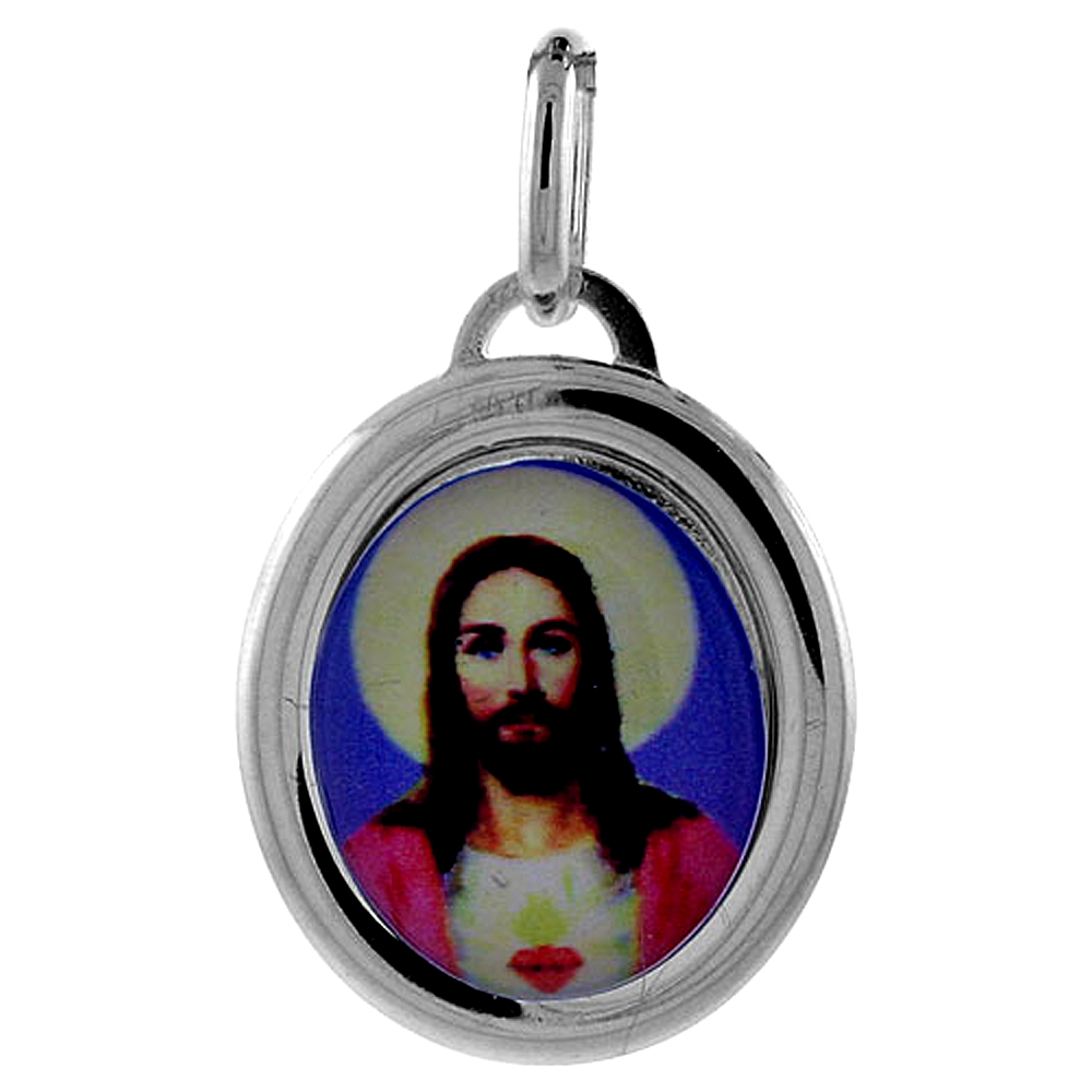 Sterling Silver Sacred Heart of Jesus Charm with Color Print Image Italy 3/4 inch tall