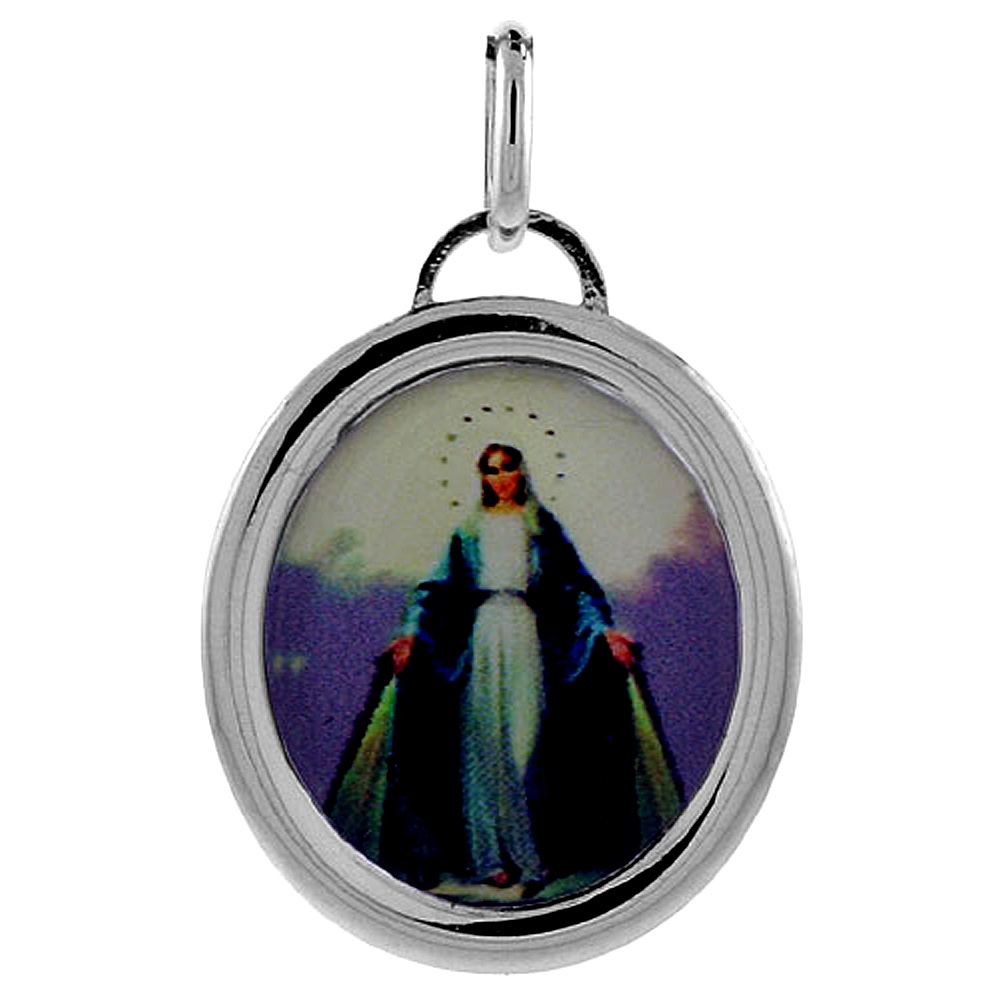 24MM STERLING SILVER MIRACULOUS MEDAL NECKLACE OVAL VIRGIN MARY ITALY 1 INCH TALL STAINLESS STEEL CHAIN