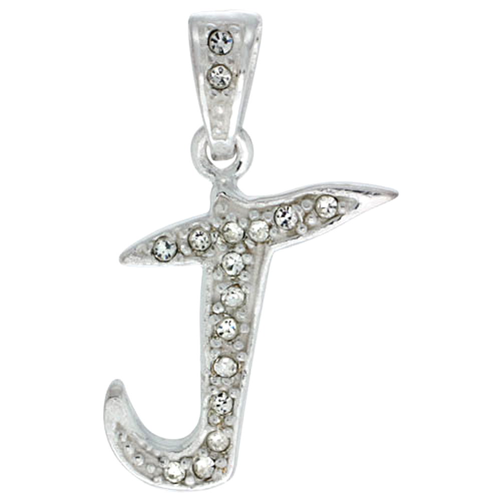 Sterling Silver Fancy Block Initial Letter J Pendant with Crystals 3/4 inch