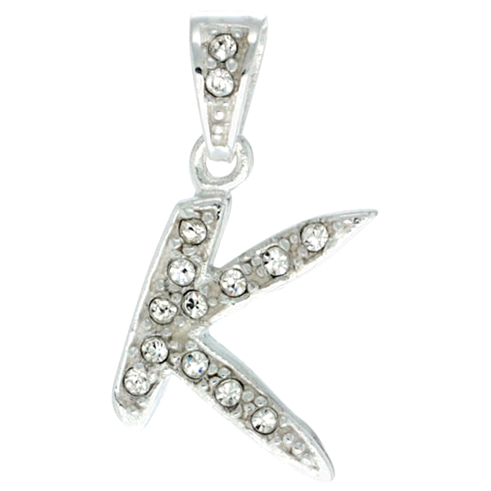 Sterling Silver Fancy Block Initial Letter K Pendant with Crystals 3/4 inch