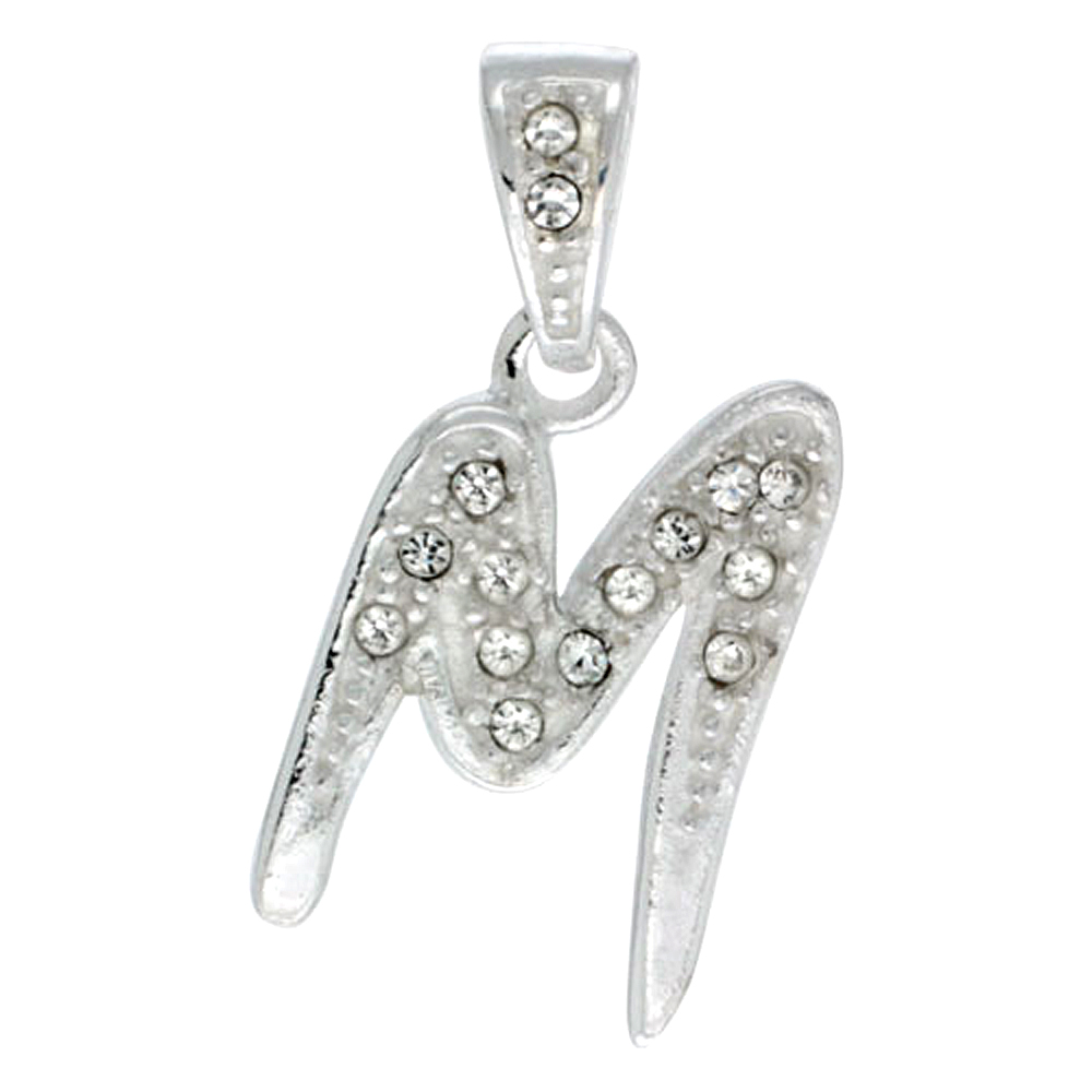 Sterling Silver Fancy Block Initial Letter M Pendant with Crystals 3/4 inch