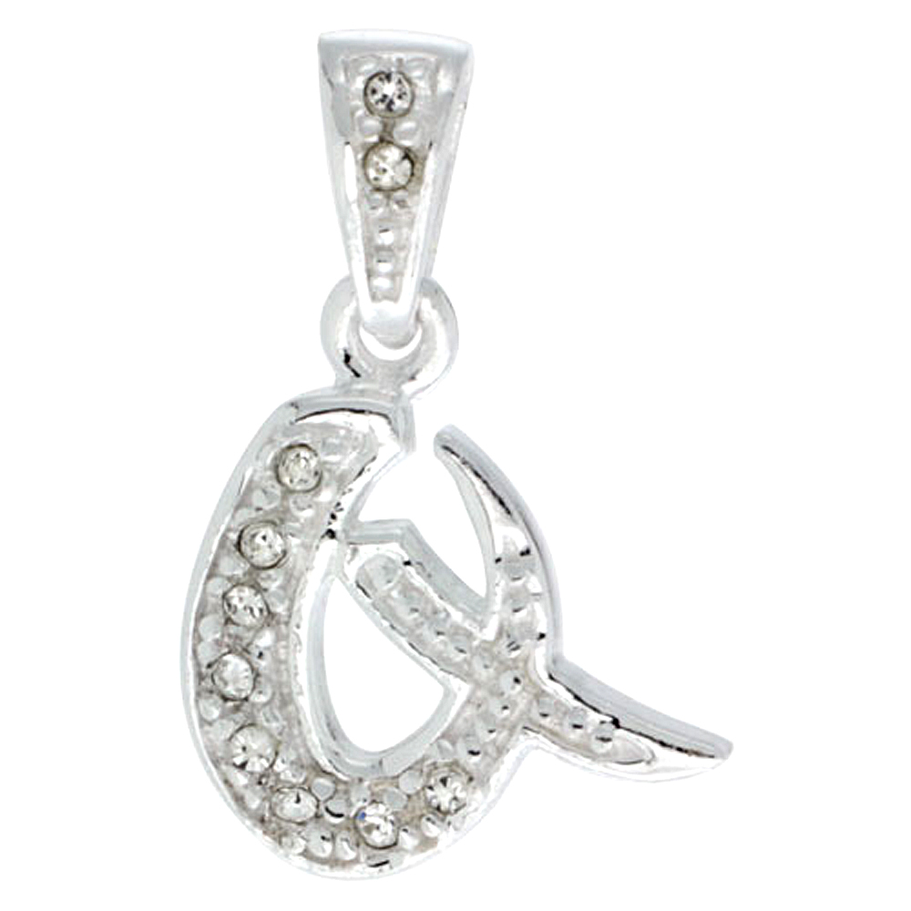 Sterling Silver Fancy Block Initial Letter Q Pendant with Crystals 3/4 inch