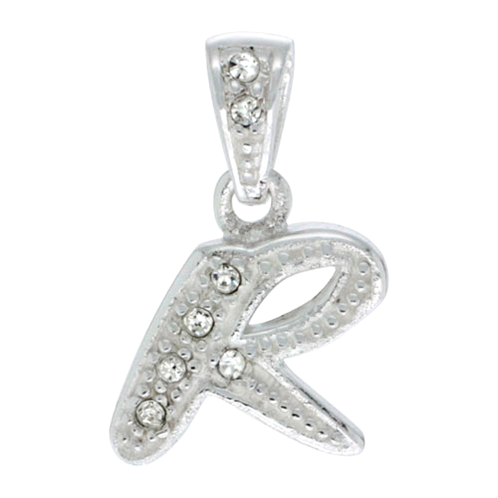 Sterling Silver Fancy Block Initial Letter R Pendant with Crystals 3/4 inch