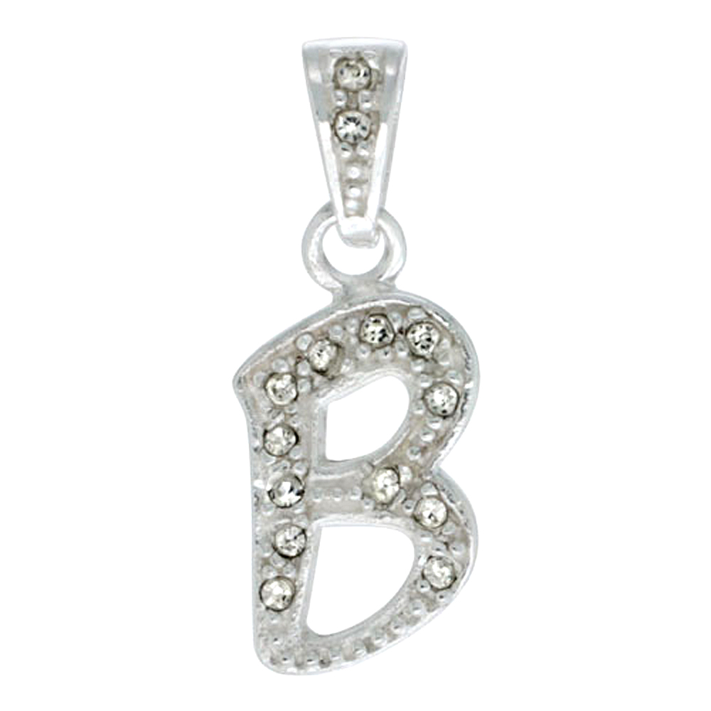 Sterling Silver Fancy Block Initial Letter B Pendant with Crystals 3/4 inch