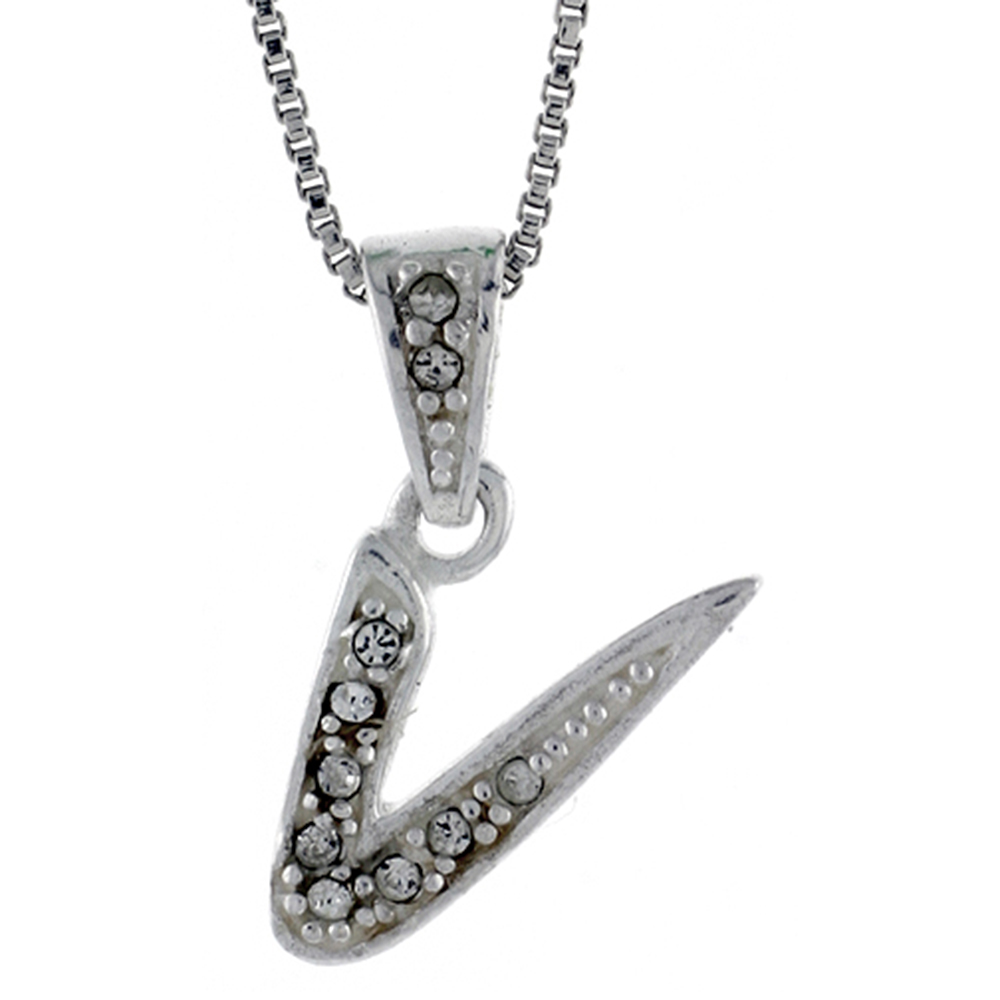 STERLING SILVER FANCY BLOCK INITIAL LETTER V PENDANT WITH CRYSTALS 3/4 INCH