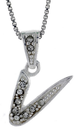 Sterling Silver Fancy Block Initial Letter V Pendant with Crystals 3/4 inch