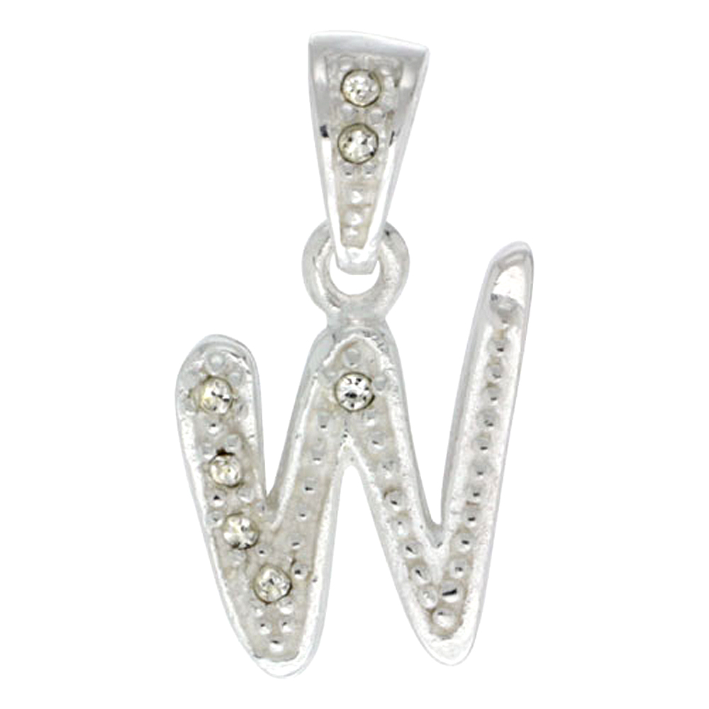 Sterling Silver Fancy Block Initial Letter W Pendant with Crystals 3/4 inch