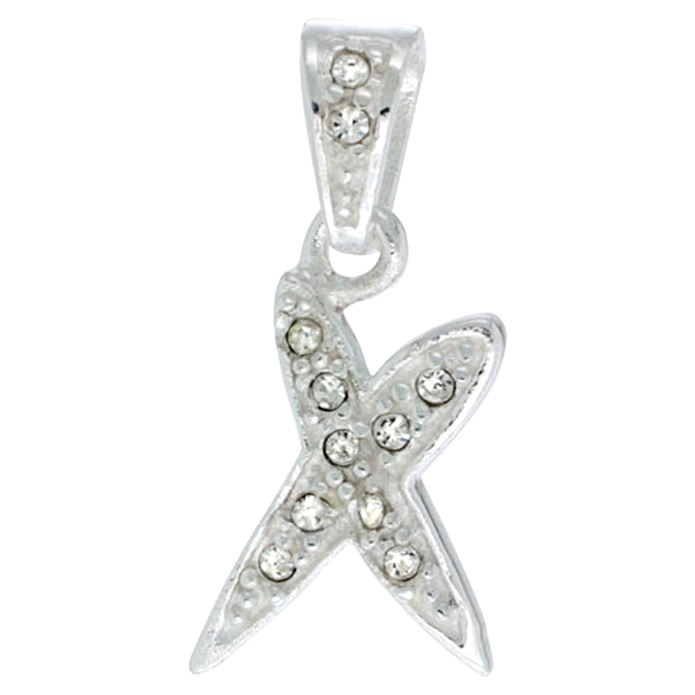 Sterling Silver Fancy Block Initial Letter X Pendant with Crystals 3/4 inch