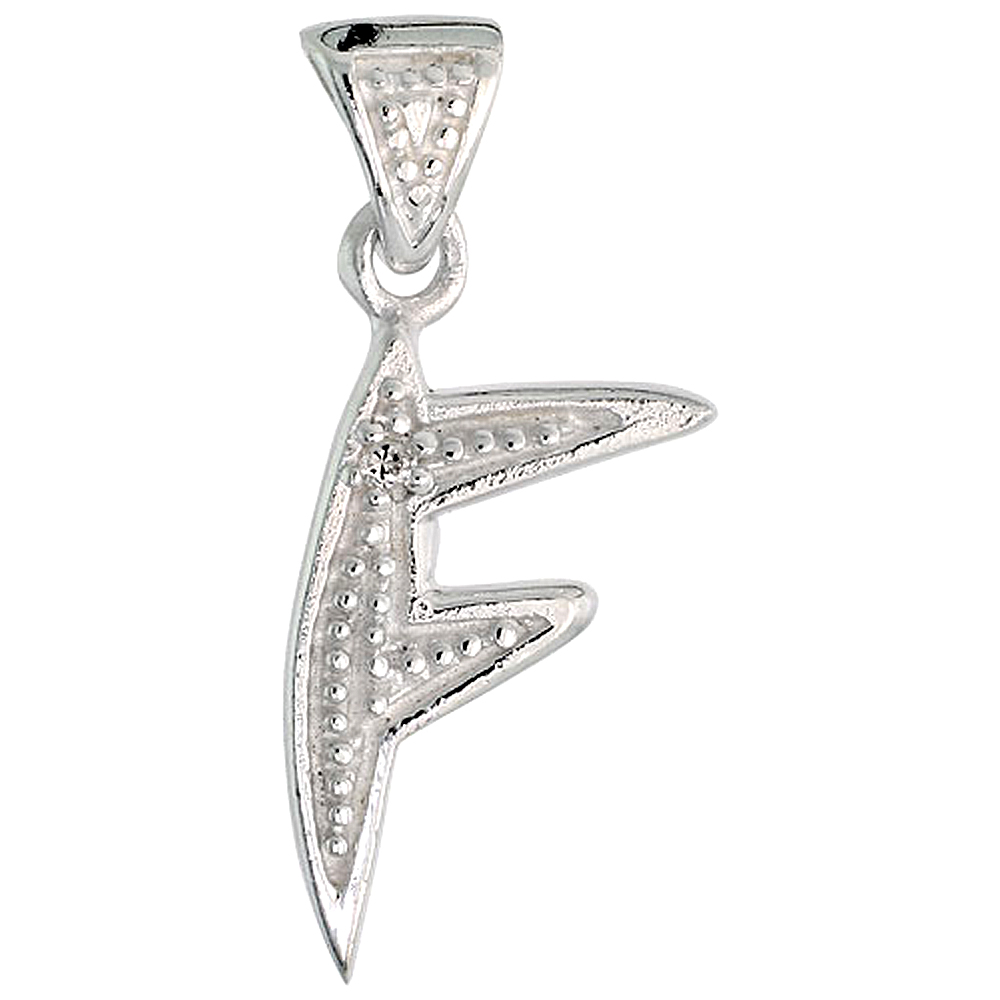 Sterling Silver Fancy Initial Letter F Initial Pendant CZ Stone 3/4 inch high