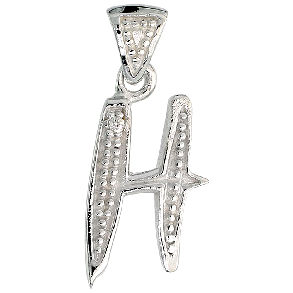 Sterling Silver Fancy Initial Letter H Initial Pendant CZ Stone 3/4 inch high