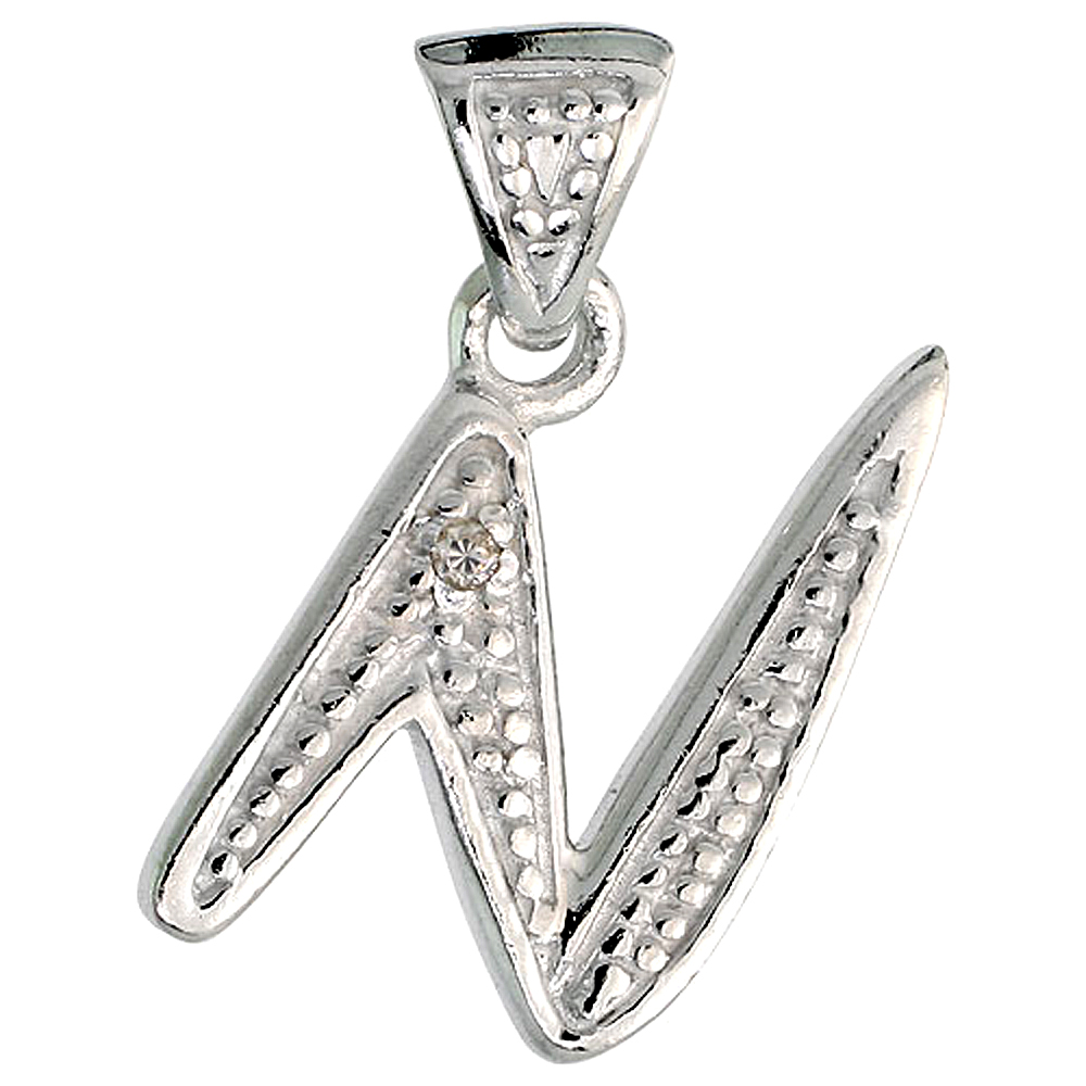Sterling Silver Fancy Initial Letter N Initial Pendant CZ Stone 3/4 inch high