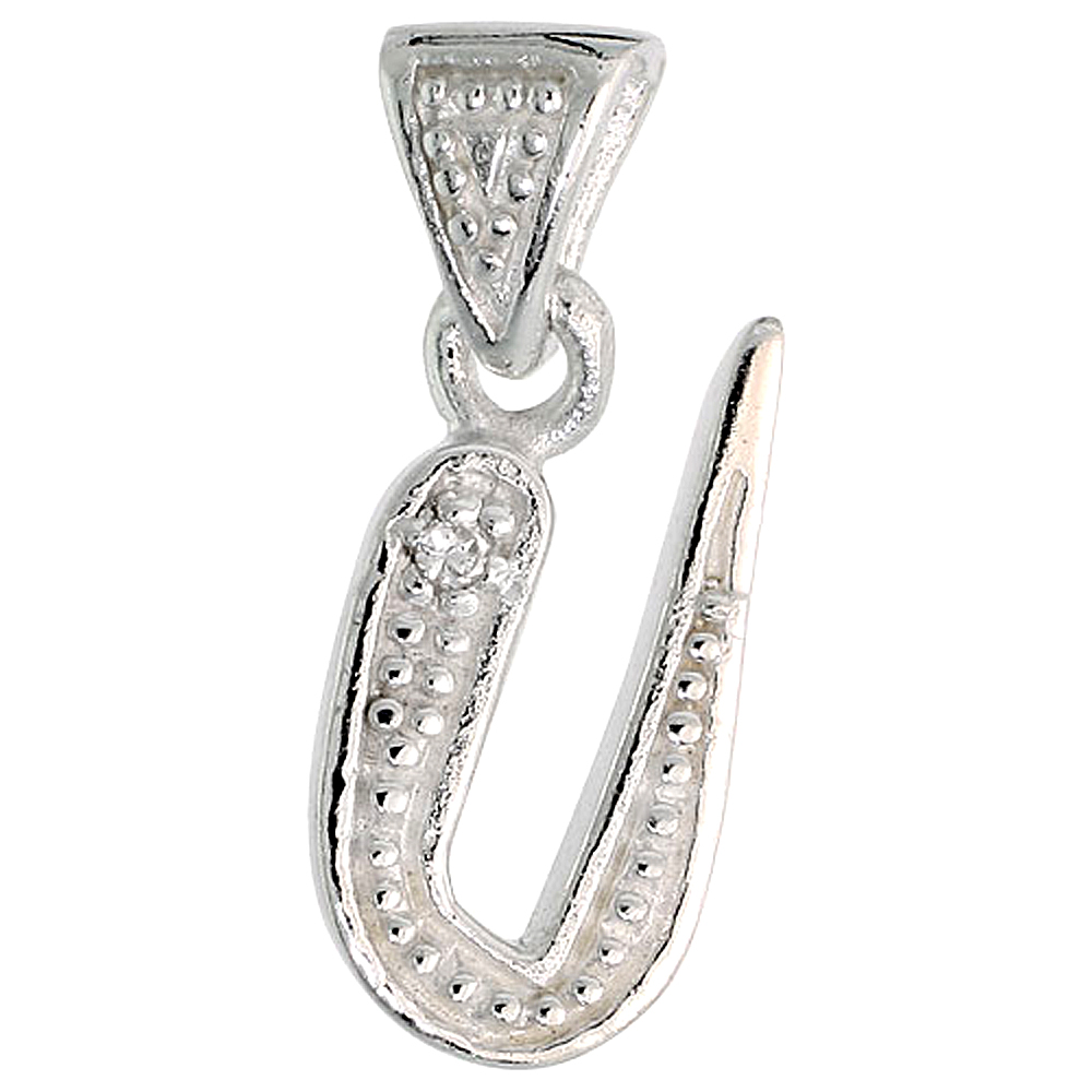 Sterling Silver Fancy Initial Letter U Initial Pendant CZ Stone 3/4 inch high
