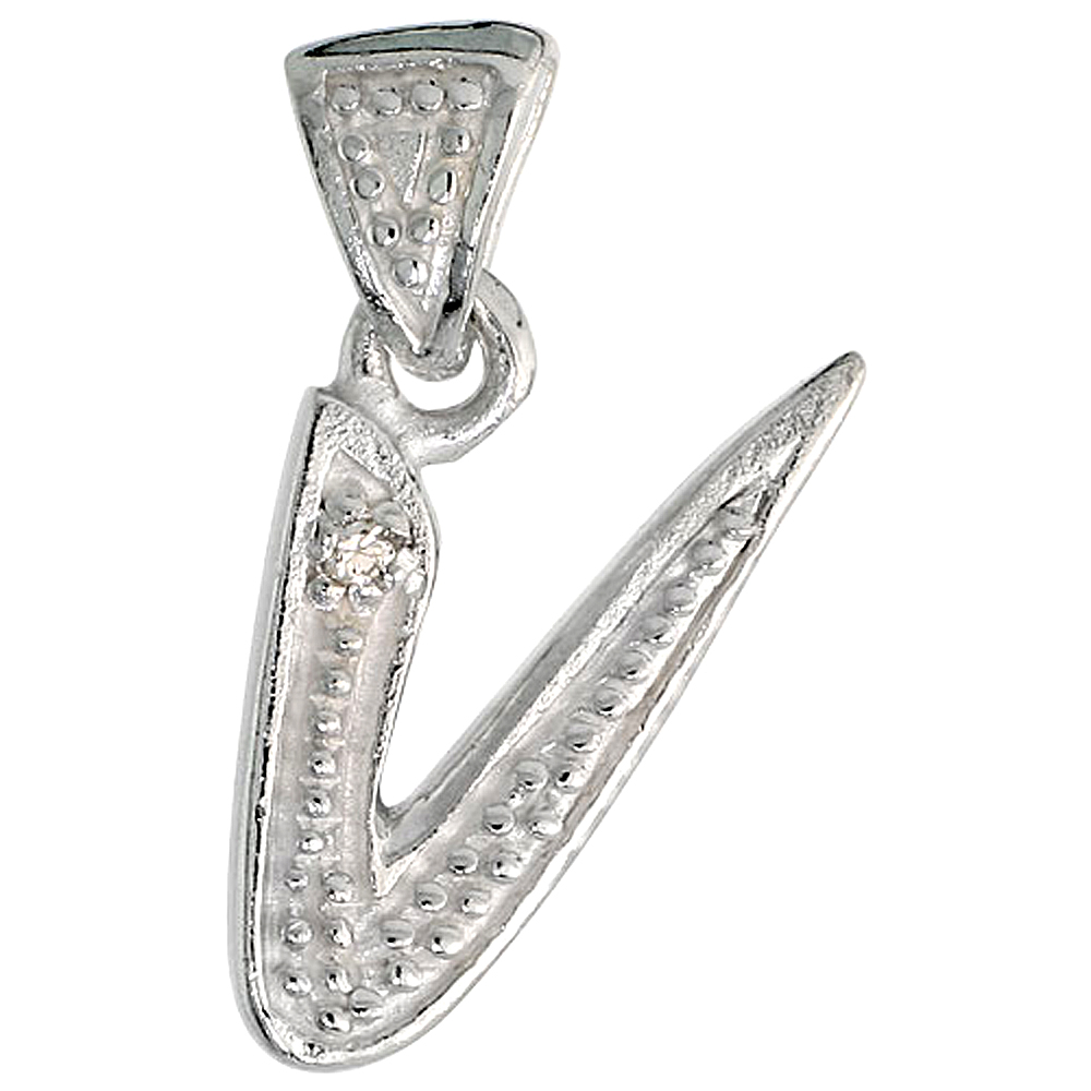 Sterling Silver Fancy Initial Letter V Initial Pendant CZ Stone 3/4 inch high