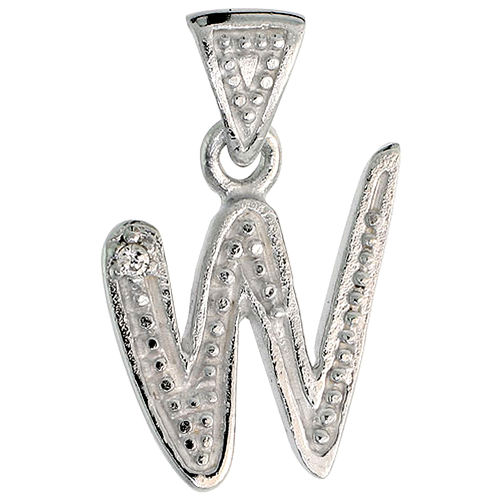 Sterling Silver Fancy Initial Letter W Initial Pendant CZ Stone 3/4 inch high