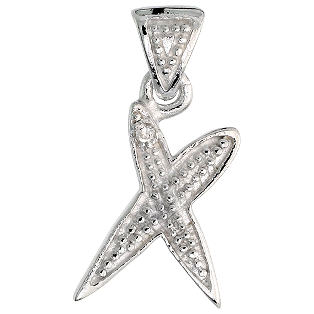 Sterling Silver Fancy Initial Letter X Initial Pendant CZ Stone 3/4 inch high