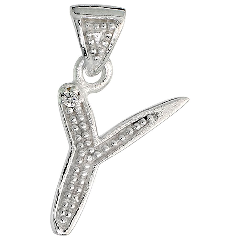 Sterling Silver Fancy Initial Letter Y Initial Pendant CZ Stone 3/4 inch high