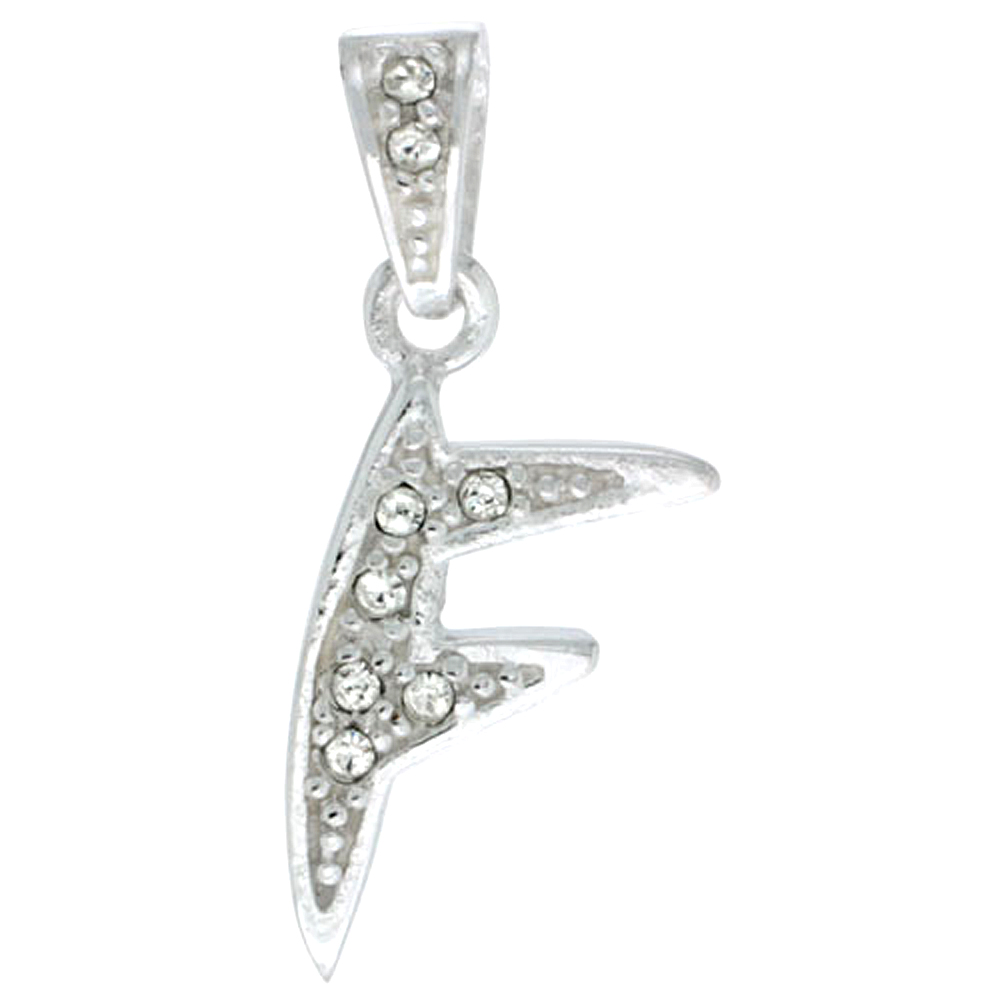 STERLING SILVER FANCY BLOCK INITIAL LETTER F PENDANT WITH CRYSTALS 3/4 INCH