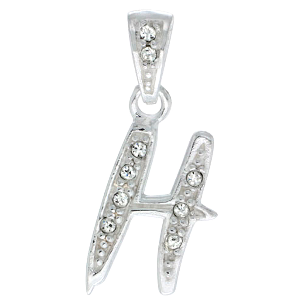 Sterling Silver Fancy Block Initial Letter H Pendant with Crystals 3/4 inch