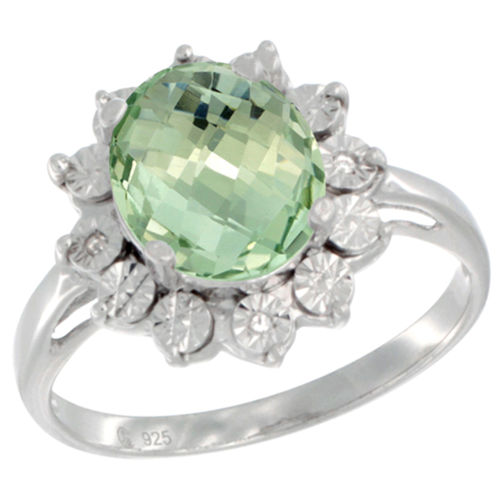 Sterling Silver Natural Green Amethyst Ring Oval 10x8, Diamond Accent, sizes 5 - 10