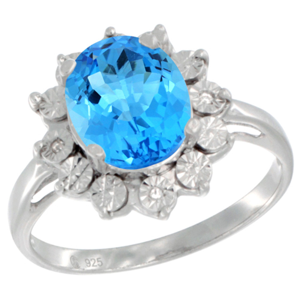 Sterling Silver Natural Swiss Blue Topaz Ring Oval 10x8, Diamond Accent, sizes 5 - 10