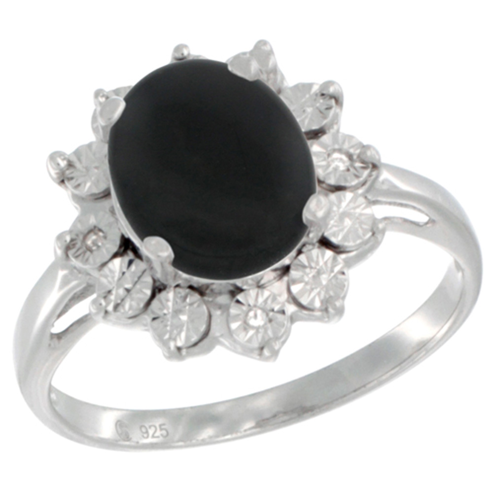 Sterling Silver Natural Black Onyx Ring Oval 10x8, Diamond Accent, sizes 5 - 10