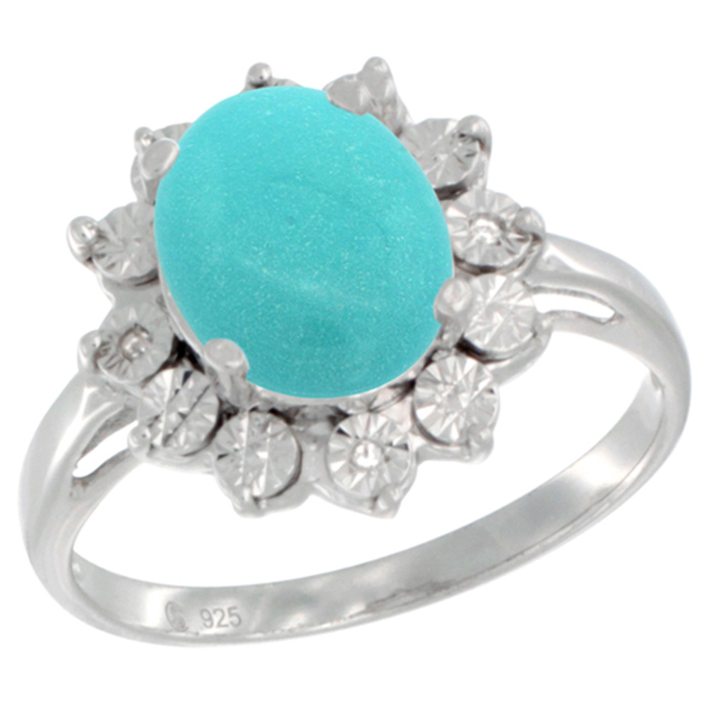 Sterling Silver Natural Sleeping Beauty Turquoise Ring Oval 10x8, Diamond Accent, sizes 5 - 10