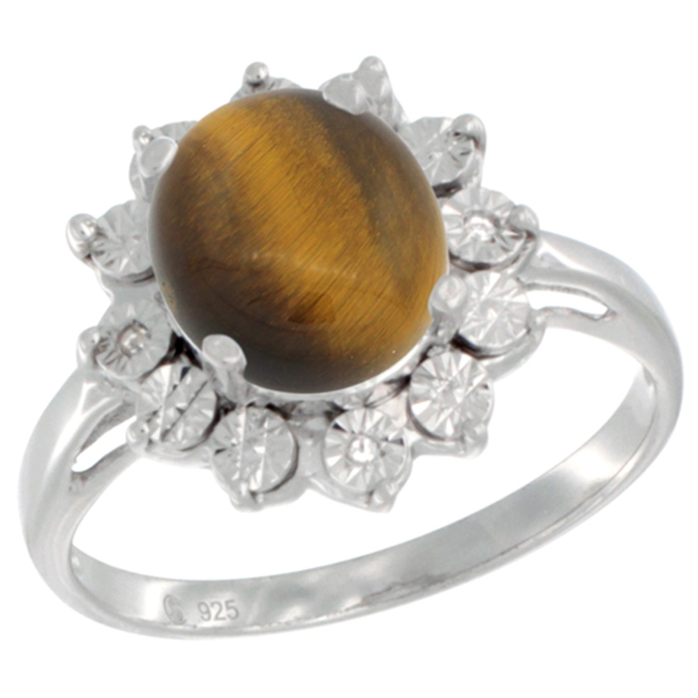 Sterling Silver Natural Tiger Eye Ring Oval 10x8, Diamond Accent, sizes 5 - 10