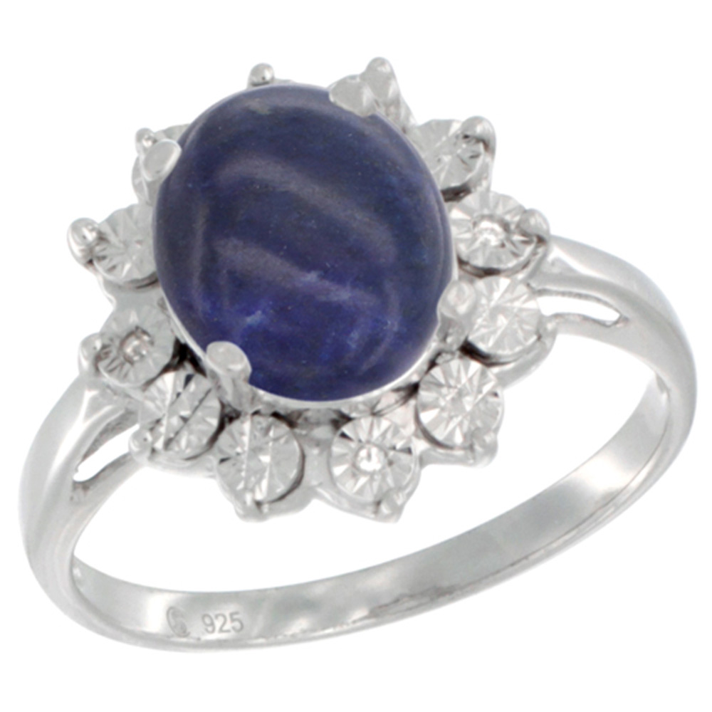 Sterling Silver Natural Lapis Ring Oval 10x8, Diamond Accent, sizes 5 - 10