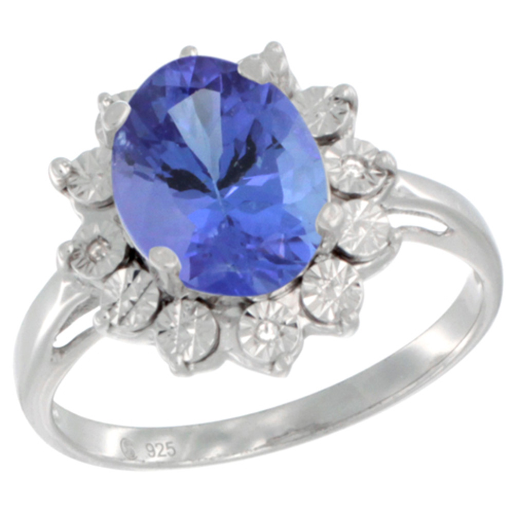 Sterling Silver Natural Tanzanite Ring Oval 10x8, Diamond Accent, sizes 5 - 10