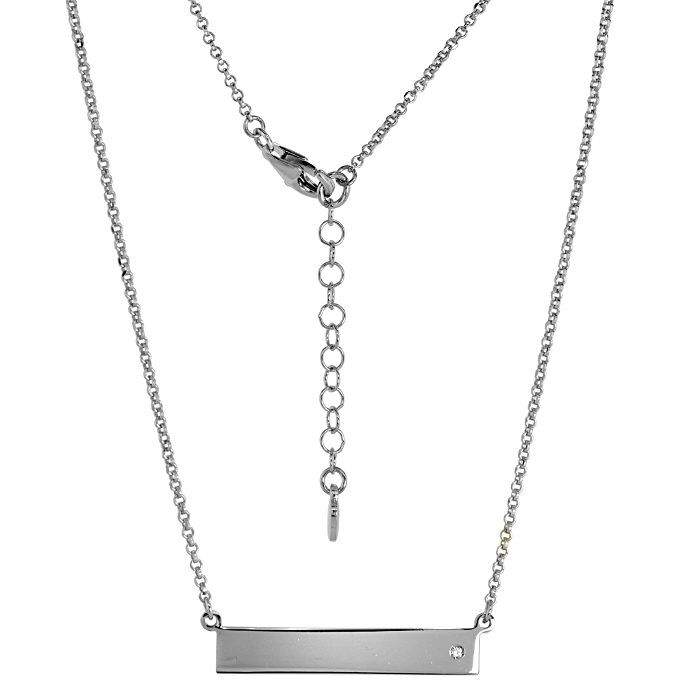STERLING SILVER HORIZONTAL BAR NECKLACE CZ ACCENT RHODIUM FINISH ENGRAVABLE ITALY 16-18 INCH