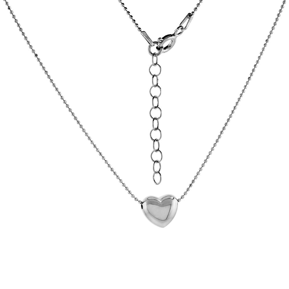 STERLING SILVER DAINTY HEART BEAD NECKLACE RHODIUM FINISH ENGRAVABLE ITALY 16-18 INCH