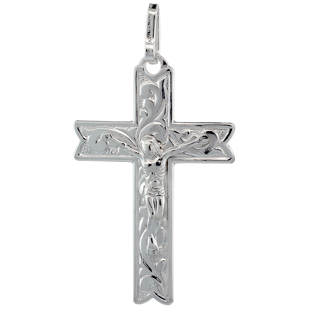 STERLING SILVER CRUCIFIX PENDANT FLORAL VINE PATTERN 1 1/2 INCH HIGH WITH NO CHAIN INCLUDED
