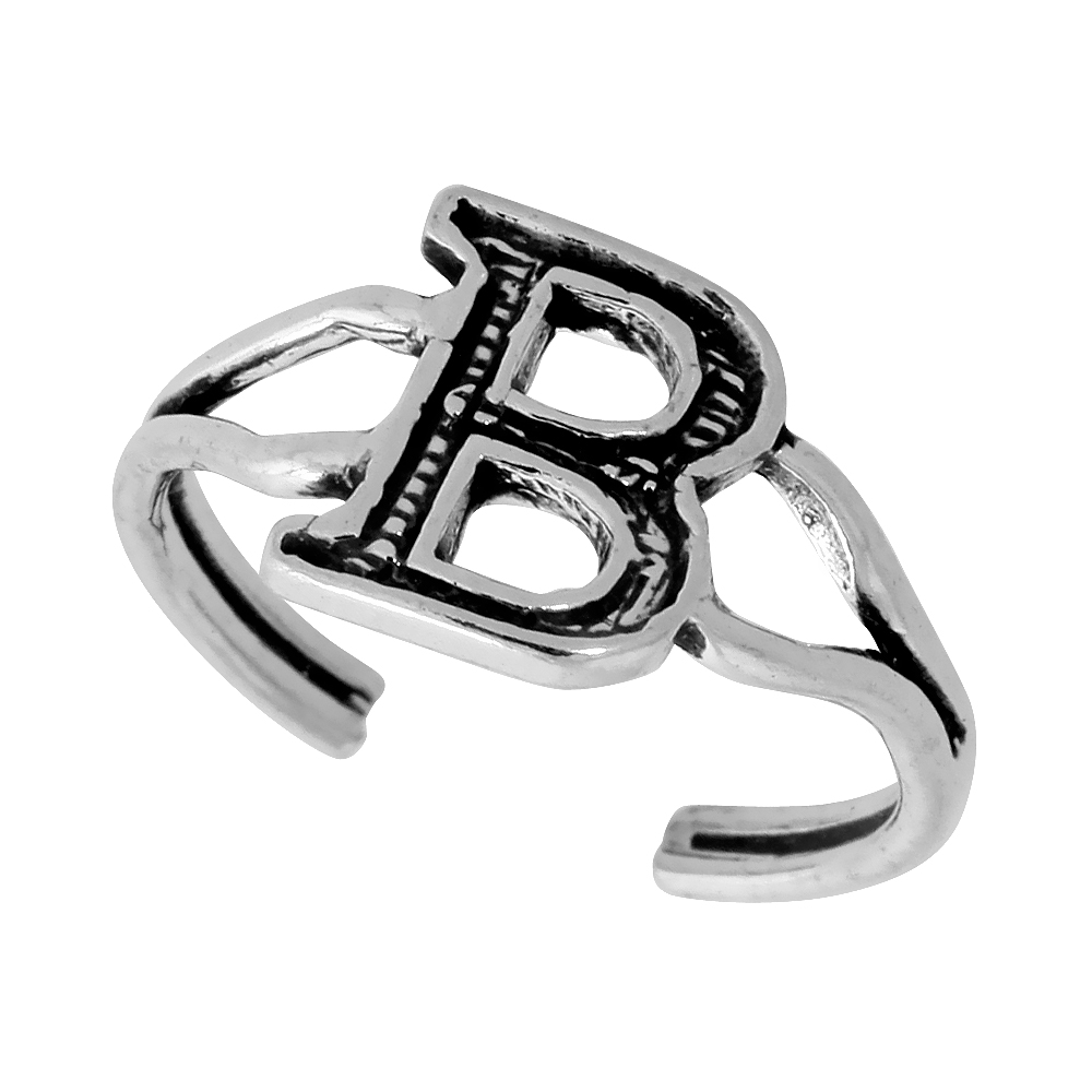 DAINTY STERLING SILVER ADJUSTABLE INITIAL TOE RING B FOR WOMEN OPEN BOTTOM SPLIT SHANK OXIDIZED 1/4 INCH WIDE