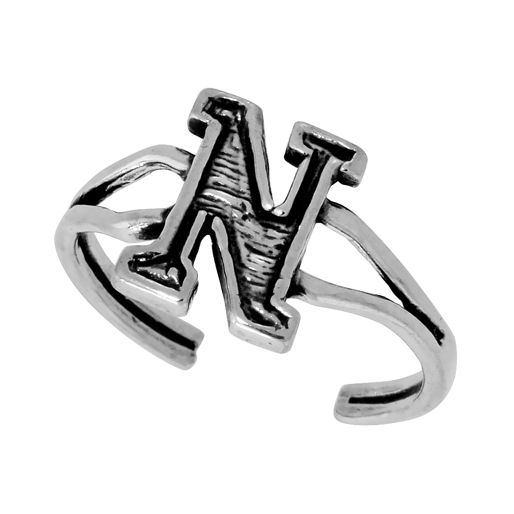 DAINTY STERLING SILVER ADJUSTABLE INITIAL TOE RING N FOR WOMEN OPEN BOTTOM SPLIT SHANK OXIDIZED 1/4 INCH WIDE
