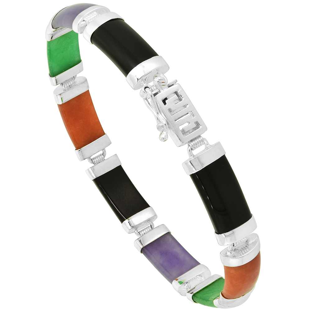 7mm Sterling Silver Dyed Multicolor Jade Link Bracelet for Women Greek Key Box Clasp 5/16 wide