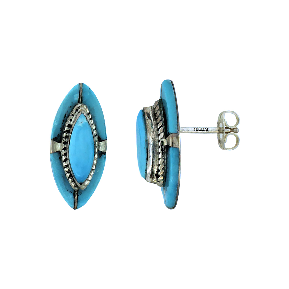 STERLING SILVER HANDCRAFTED BLUE TURQUOISE MARQUISE STUD EARRINGS (GENUINE ZUNI TRIBE AMERICAN INDIAN JEWELRY) 11/16 IN. (18 MM) TALL