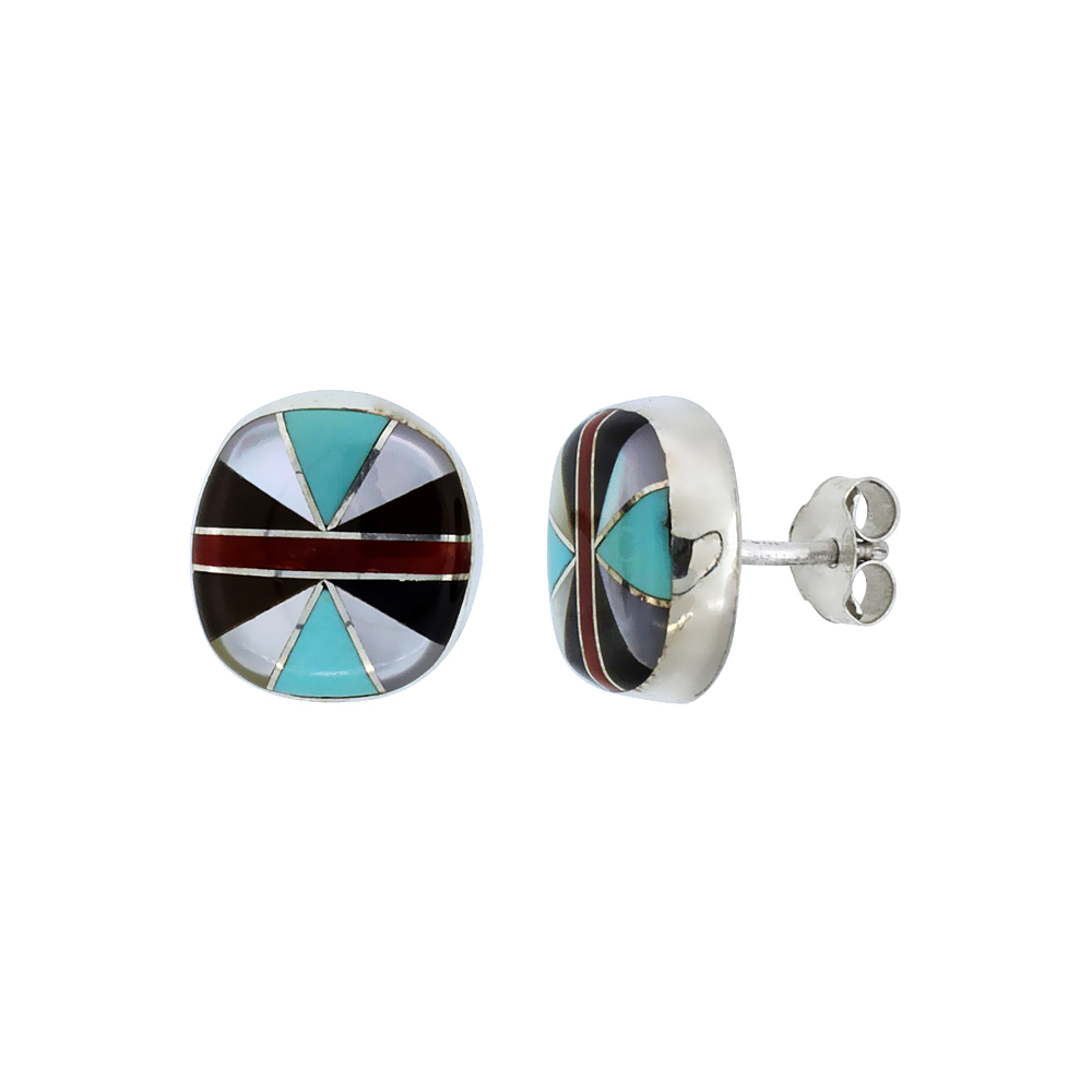 STERLING SILVER HANDCRAFTED MULTI COLOR ROUND STUD EARRINGS (GENUINE ZUNI TRIBE AMERICAN INDIAN JEWELRY) 7/16 IN. (11 MM)