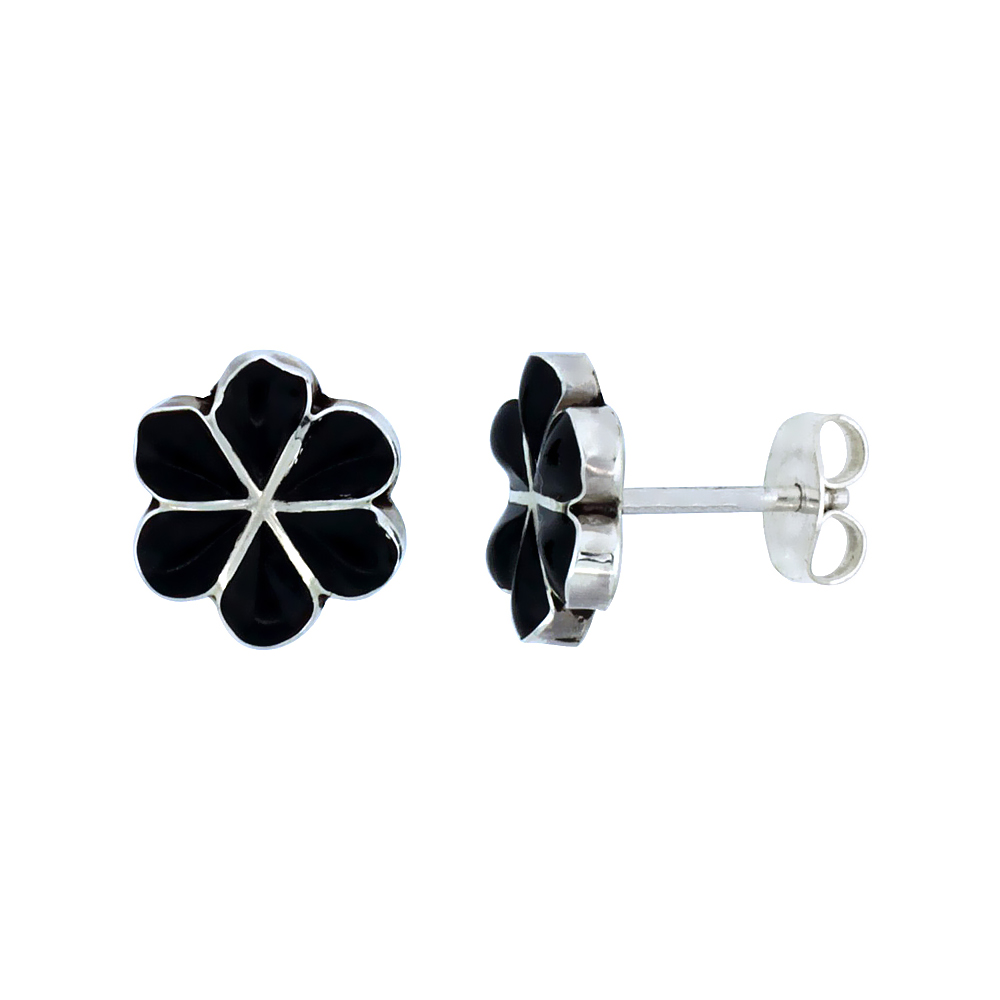 STERLING SILVER HANDCRAFTED BLACK ONYX FLOWER STUD EARRINGS (GENUINE ZUNI TRIBE AMERICAN INDIAN JEWELRY) 3/8 IN. (10 MM)