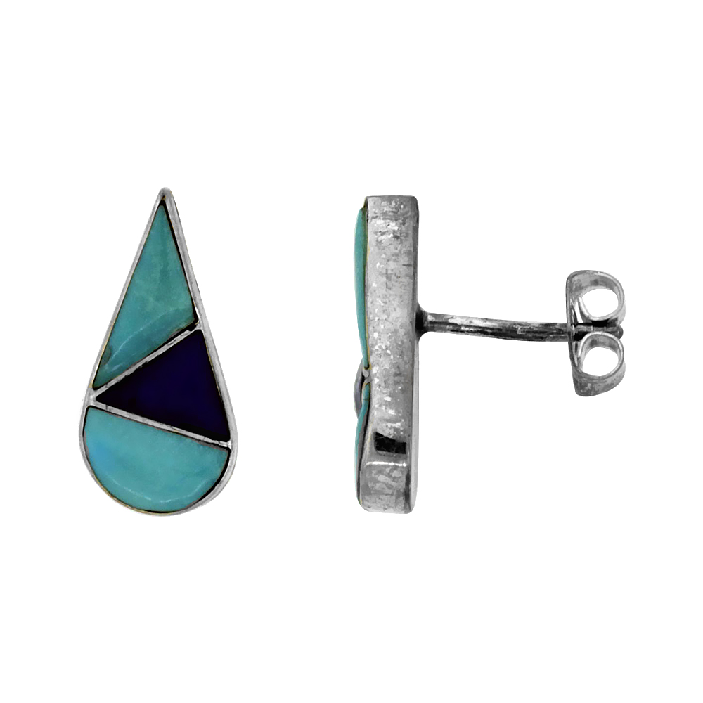 STERLING SILVER HANDCRAFTED BLUE TURQUOISE TEARDROP STUD EARRINGS (GENUINE ZUNI TRIBE AMERICAN INDIAN JEWELRY) 5/8 IN. (16 MM) TALL