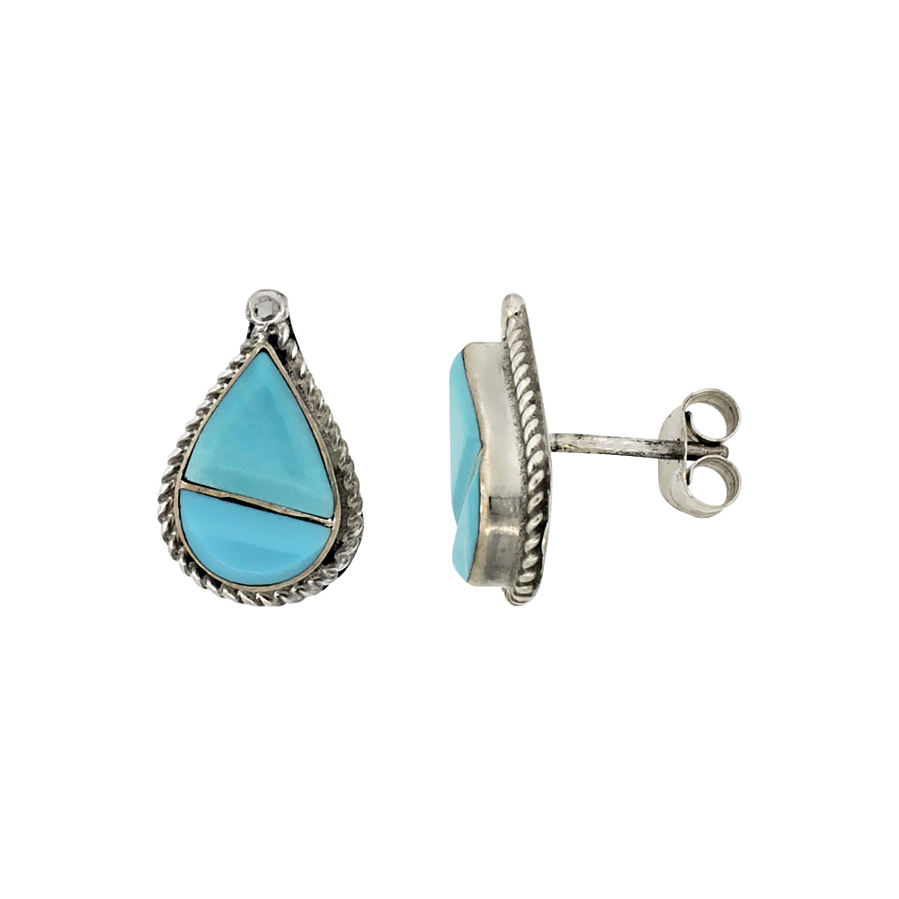 STERLING SILVER HANDCRAFTED BLUE TURQUOISE TEARDROP STUD EARRINGS (GENUINE ZUNI TRIBE AMERICAN INDIAN JEWELRY) 9/16 IN. (15 MM) TALL