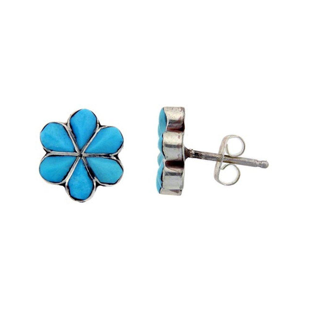 STERLING SILVER HANDCRAFTED BLUE TURQUOISE STUD EARRINGS (GENUINE ZUNI TRIBE AMERICAN INDIAN JEWELRY) 1 IN. (25 MM)