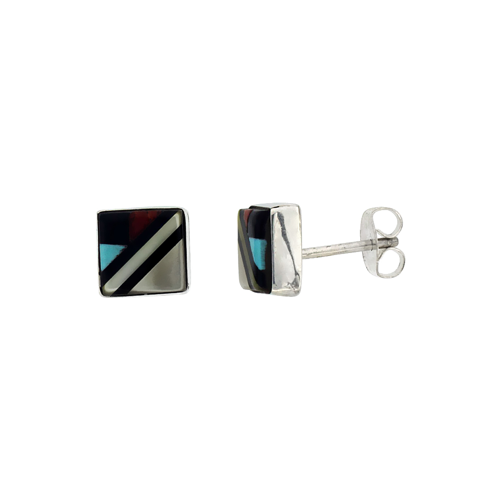 STERLING SILVER HANDCRAFTED MULTI COLOR SQUARE STUD EARRINGS (GENUINE ZUNI TRIBE AMERICAN INDIAN JEWELRY) 5/16 IN. (8 MM)