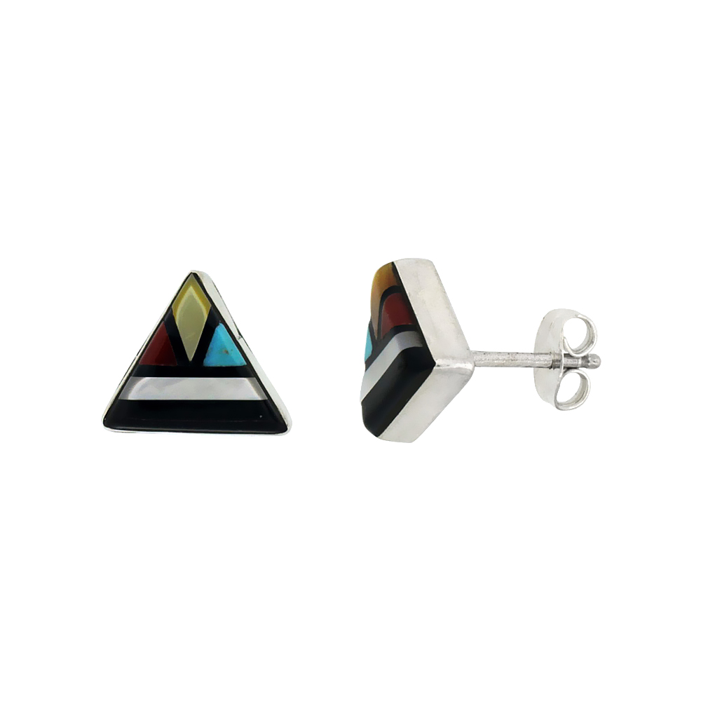 STERLING SILVER HANDCRAFTED MULTI COLOR TRIANGLE STUD EARRINGS (GENUINE ZUNI TRIBE AMERICAN INDIAN JEWELRY) 3/8 IN. (10 MM)