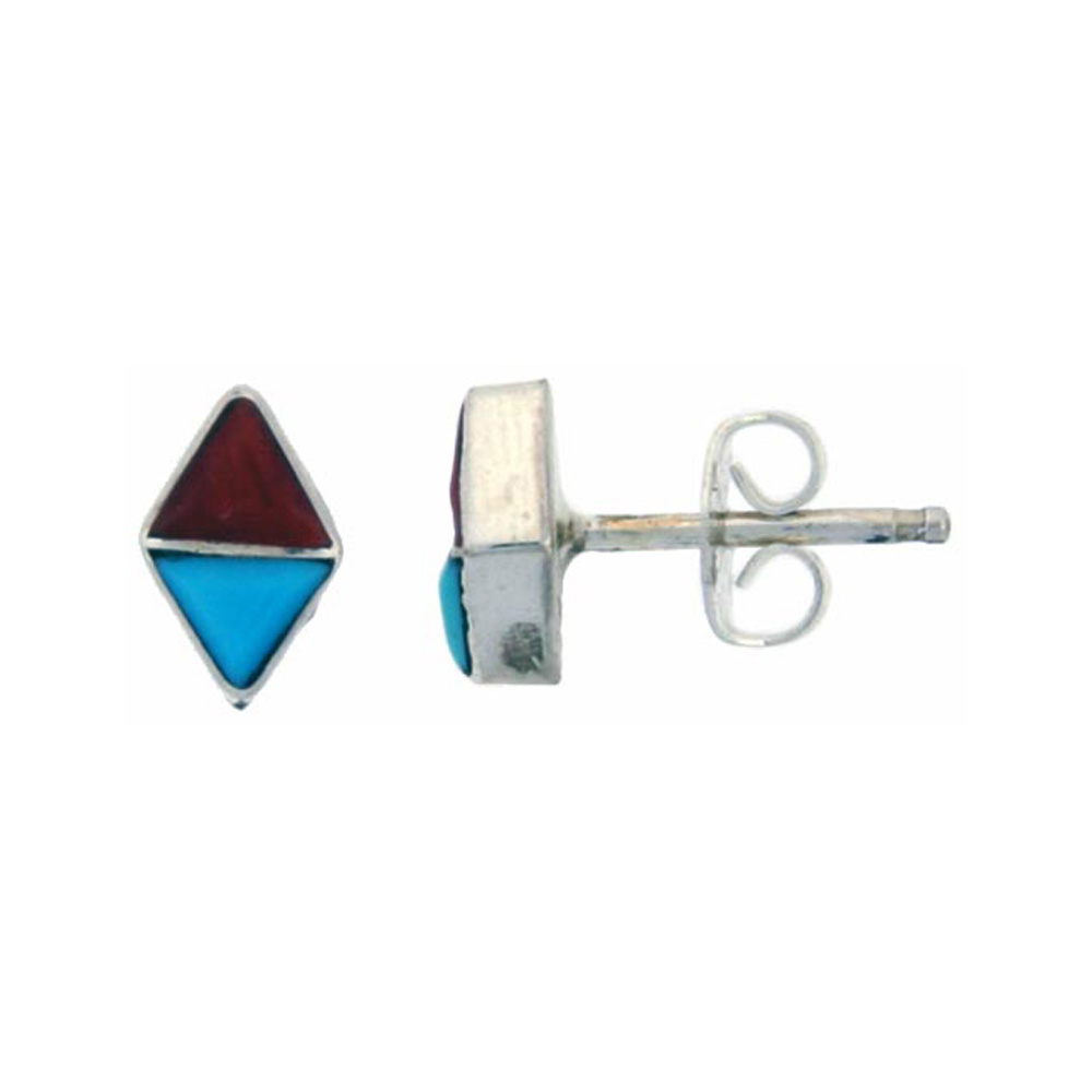 STERLING SILVER HANDCRAFTED BLUE TURQUOISE STUD EARRINGS (GENUINE ZUNI TRIBE AMERICAN INDIAN JEWELRY) 1 IN. (25 MM)