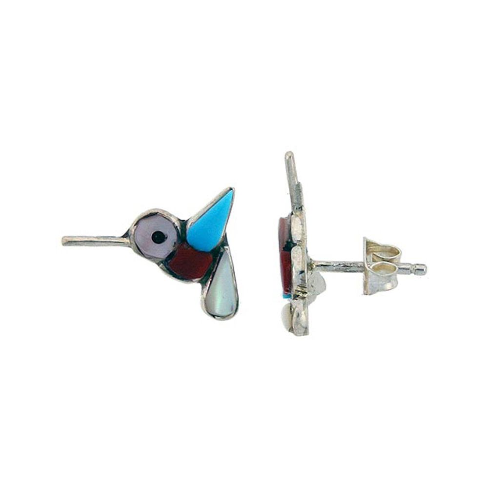 STERLING SILVER HANDCRAFTED BLUE TURQUOISE STUD EARRINGS (GENUINE ZUNI TRIBE AMERICAN INDIAN JEWELRY) 1 IN. (25 MM)